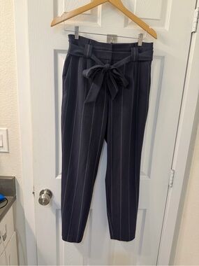 High-Waist Navy Pinstripe Paperbag Pants with Coordinating Belt